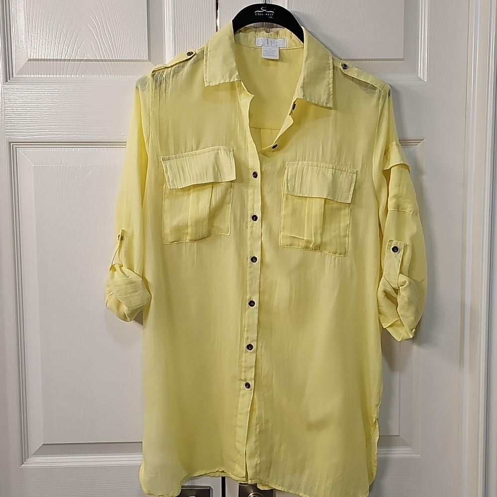 New Life Button Up Tab Sleeved Lightweight Yellow Oversized Gauzy Blouse Medium